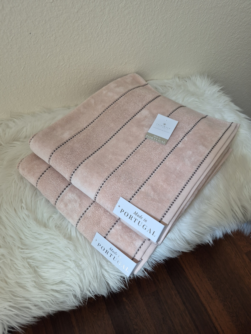 100% Portugal Cotton Bath Towel 2pc, Dusty Pink with Brown Stitches